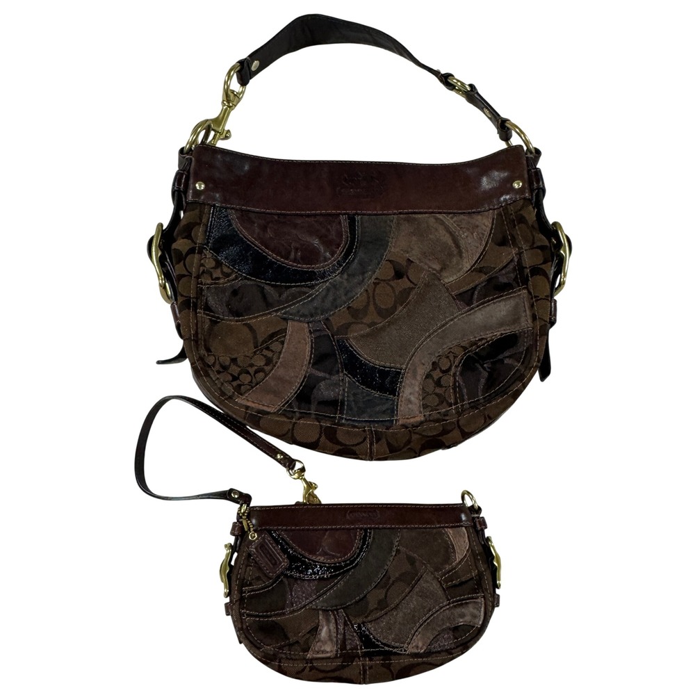 Coach Zoe Patchwork Hobo Bag Wristlet Set Brown Signature Suede Leather 13515